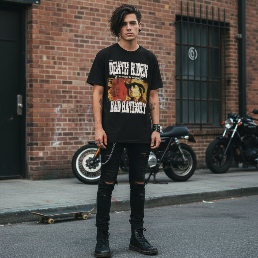 MAN WEARING Black t-shirt with 'Death Rider' and 'Bad Bathory' graphic design  DRD501S, DRD501M, DRD501L, DRD501XL, DRD501XXL, DRD501XXXL, DRD501XXXXL, DRD501XXXXXL