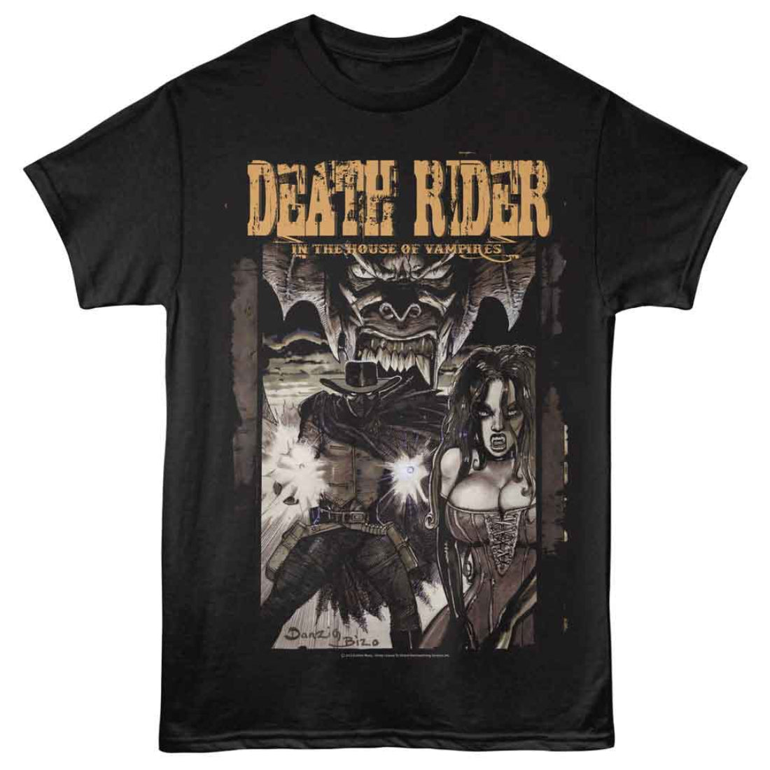 Black t-shirt with 'Death Rider' graphic design featuring a creature and a woman on a white background.