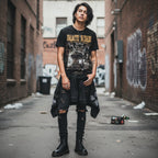 MAN WEARING Black t-shirt with 'Death Rider' graphic design featuring a creature and a woman  DRD502S, DRD502M, DRD502L, DRD502XL, DRD502XXL, DRD502XXXL, DRD502XXXXL, DRD502XXXXXL