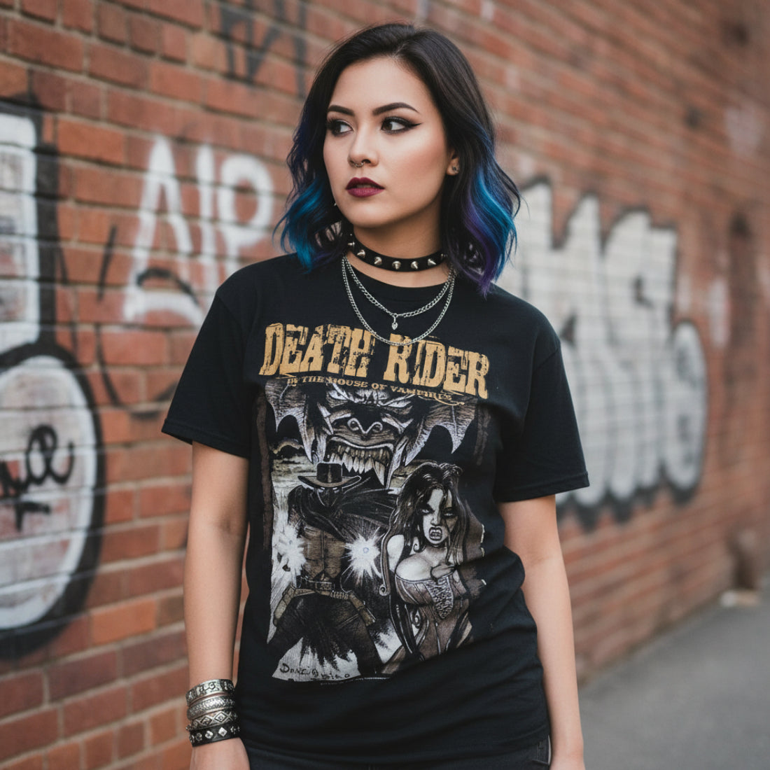 WOMAN WEARING Black t-shirt with 'Death Rider' graphic design featuring a creature and a woman  DRD502S, DRD502M, DRD502L, DRD502XL, DRD502XXL, DRD502XXXL, DRD502XXXXL, DRD502XXXXXL