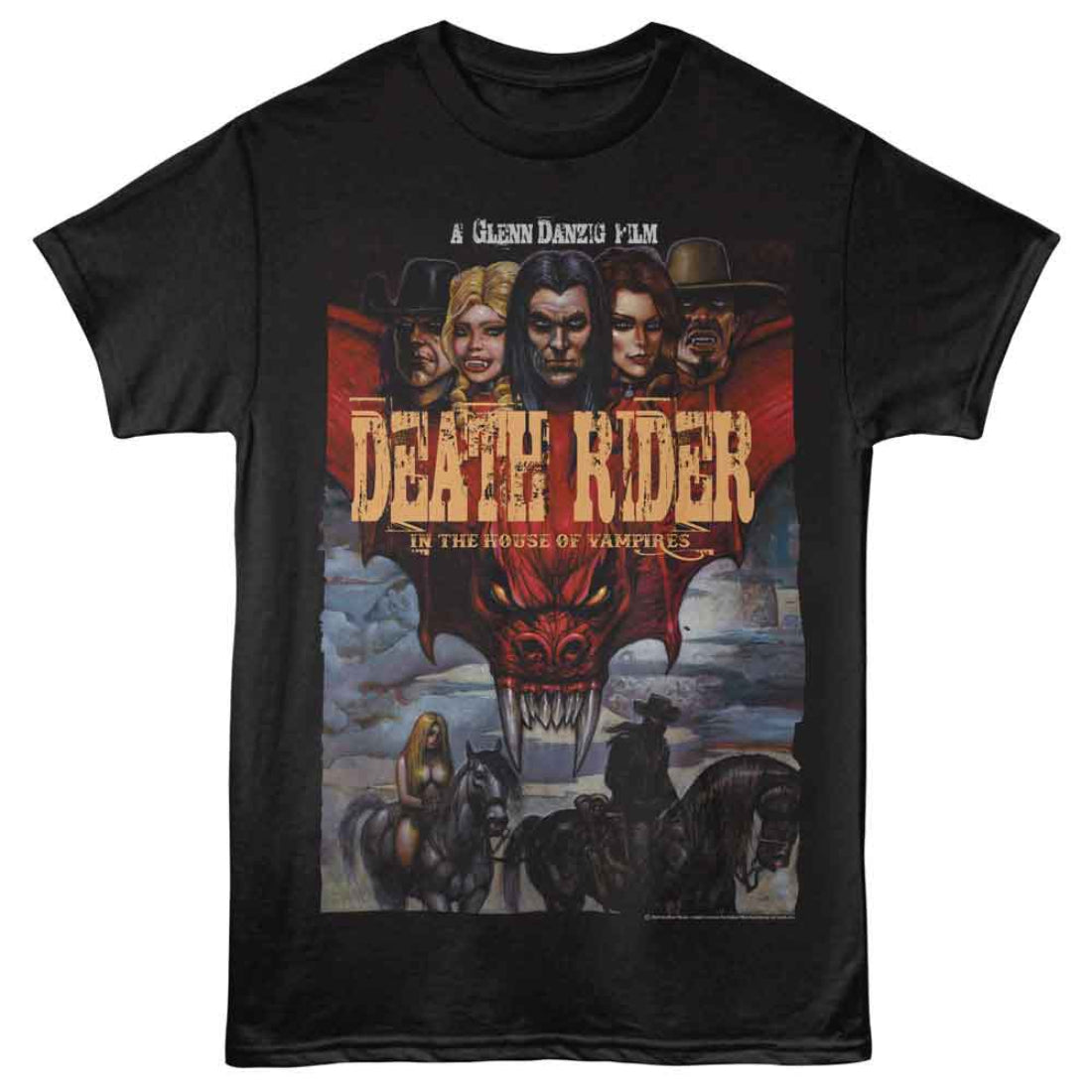 Black t-shirt with 'Death Rider' graphic design featuring faces and horses on a white background
