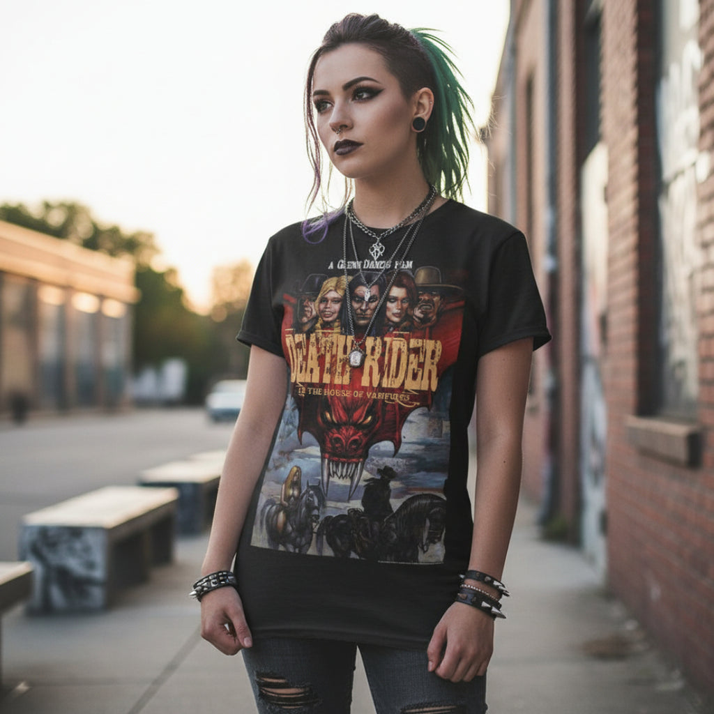 WOMAN WEARING Black t-shirt with 'Death Rider' graphic design featuring faces and horses  DRD503S, DRD503M, DRD503L, DRD503XL, DRD503XXL, DRD503XXXL, DRD503XXXXL, DRD503XXXXXL