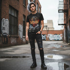 MAN WEARING Black t-shirt with 'Death Rider' graphic design featuring faces and horses  DRD503S, DRD503M, DRD503L, DRD503XL, DRD503XXL, DRD503XXXL, DRD503XXXXL, DRD503XXXXXL