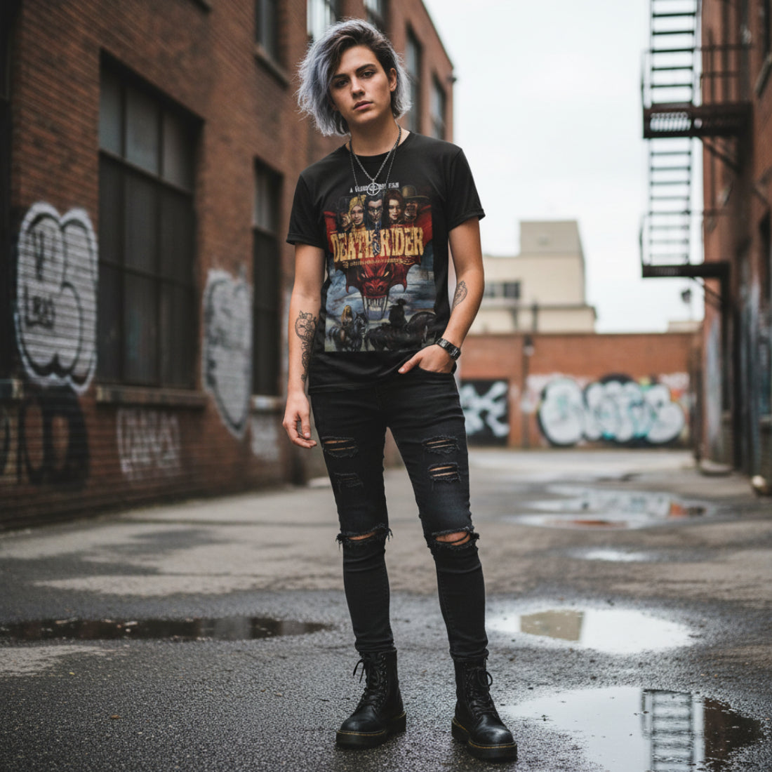 MAN WEARING Black t-shirt with 'Death Rider' graphic design featuring faces and horses  DRD503S, DRD503M, DRD503L, DRD503XL, DRD503XXL, DRD503XXXL, DRD503XXXXL, DRD503XXXXXL