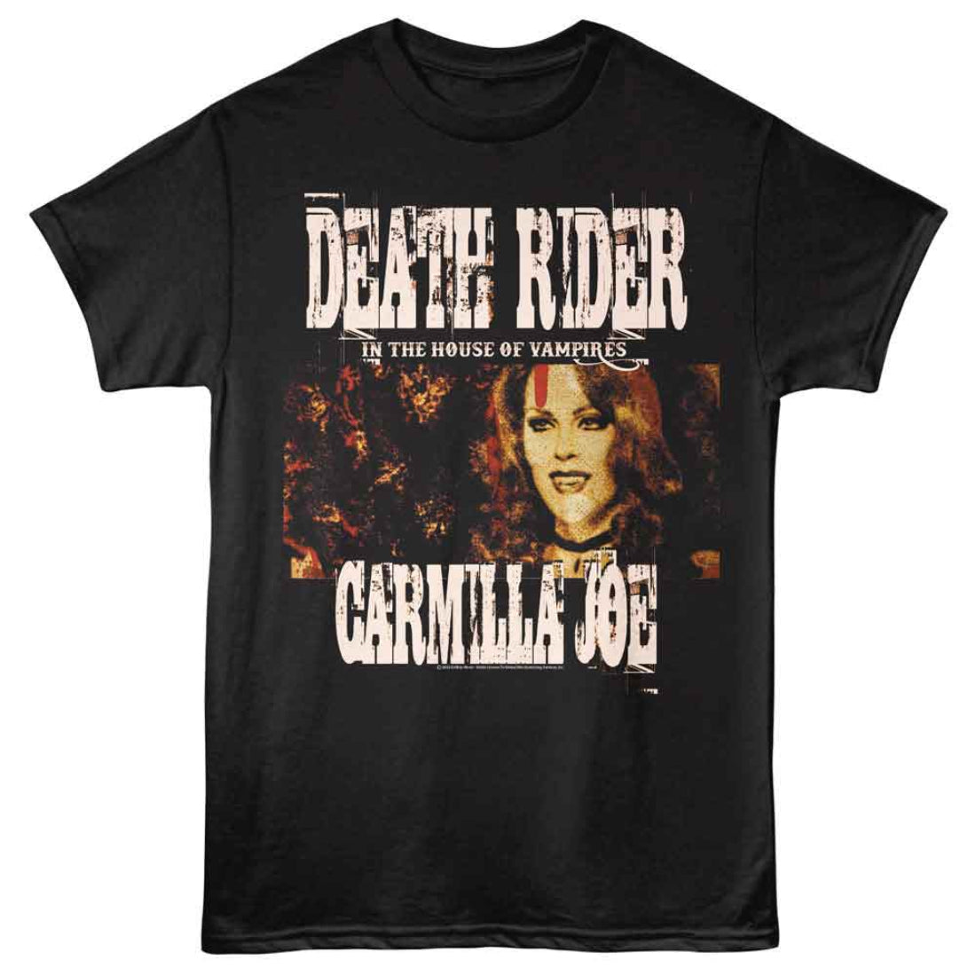 Black t-shirt with 'Death Rider' and 'Carmilla Joe' design on a white background