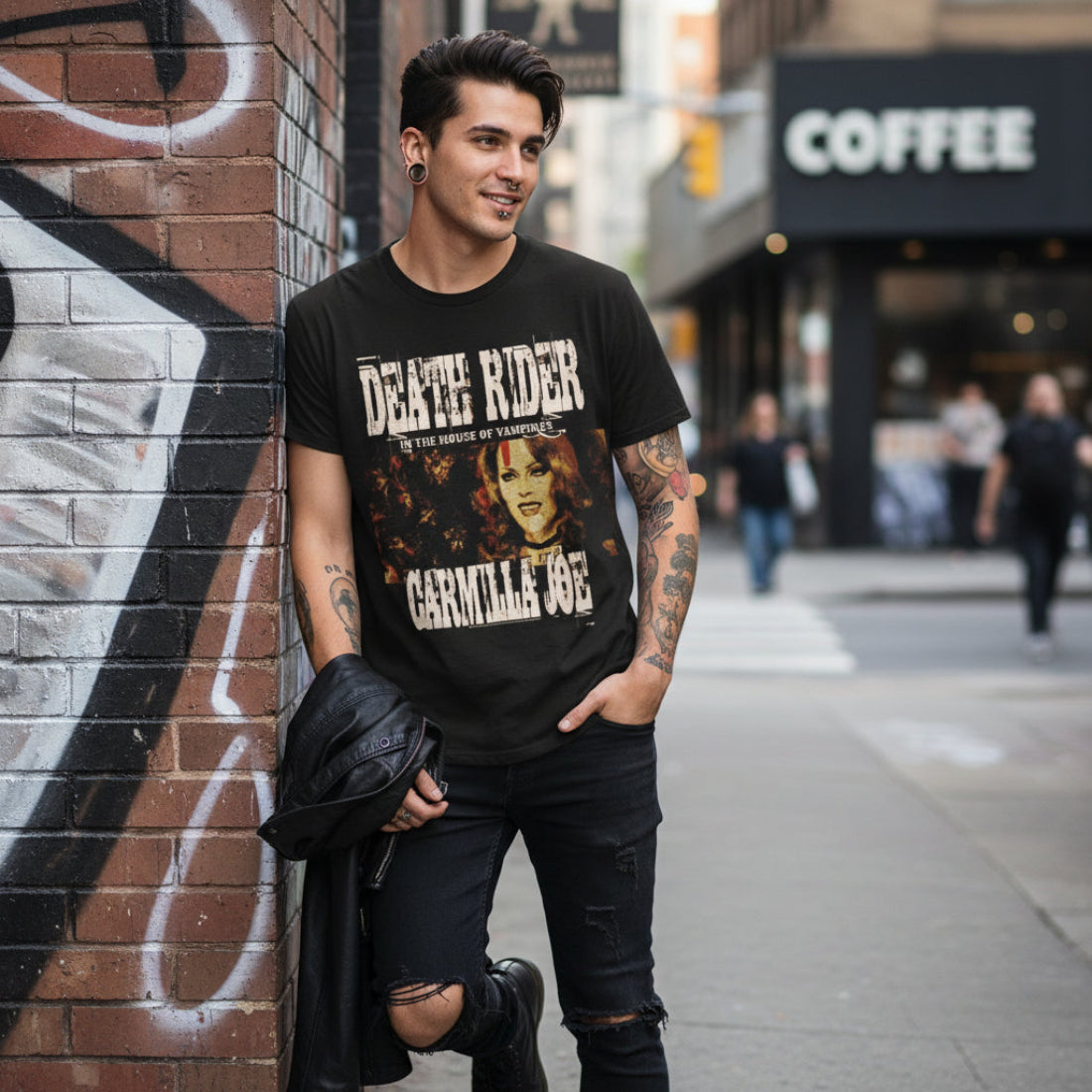 MAN WEARING Black t-shirt with 'Death Rider' and 'Carmilla Joe' design  DRD504S, DRD504M, DRD504L, DRD504XL, DRD504XXL, DRD504XXXL, DRD504XXXXL, DRD504XXXXXL
