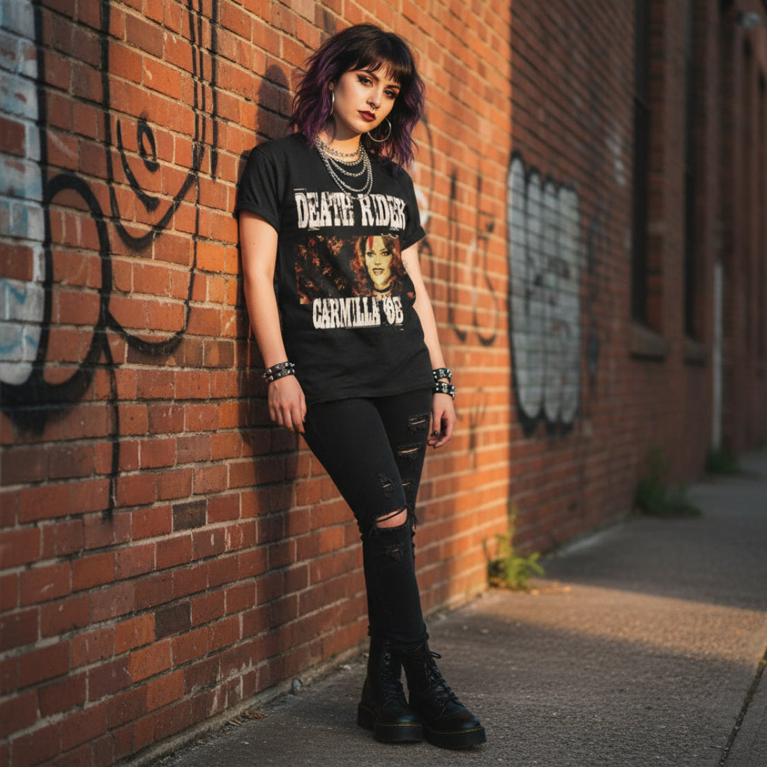 WOMAN WEARING Black t-shirt with 'Death Rider' and 'Carmilla Joe' design  DRD504S, DRD504M, DRD504L, DRD504XL, DRD504XXL, DRD504XXXL, DRD504XXXXL, DRD504XXXXXL
