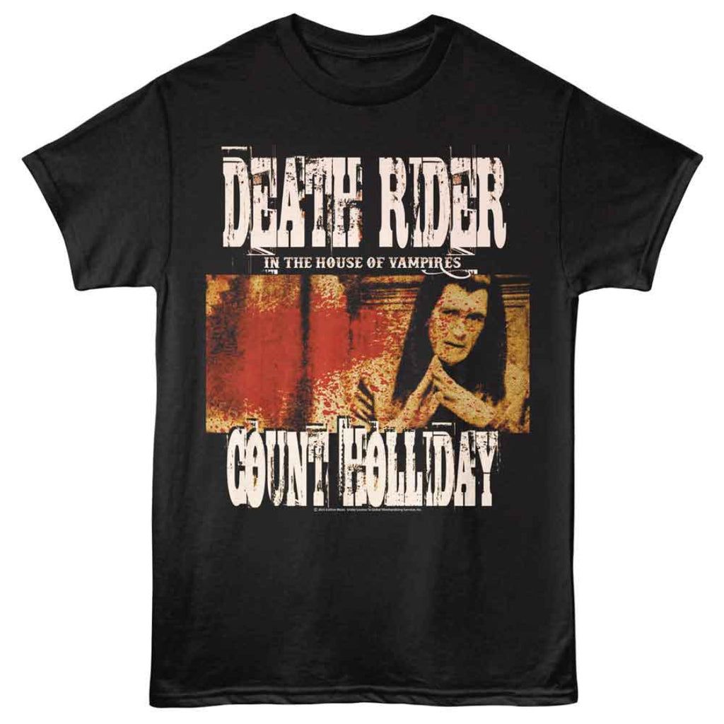 Black Death Rider t-shirt with graphic design featuring a woman's face and text on a white background