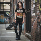 WOMAN WEAREING Black t-shirt with graphic design and text 'Death Rider' and 'Count Holliday'  DRD505S, DRD505M, DRD505L, DRD505XL, DRD505XXL, DRD505XXXL, DRD505XXXXL, DRD505XXXXXL