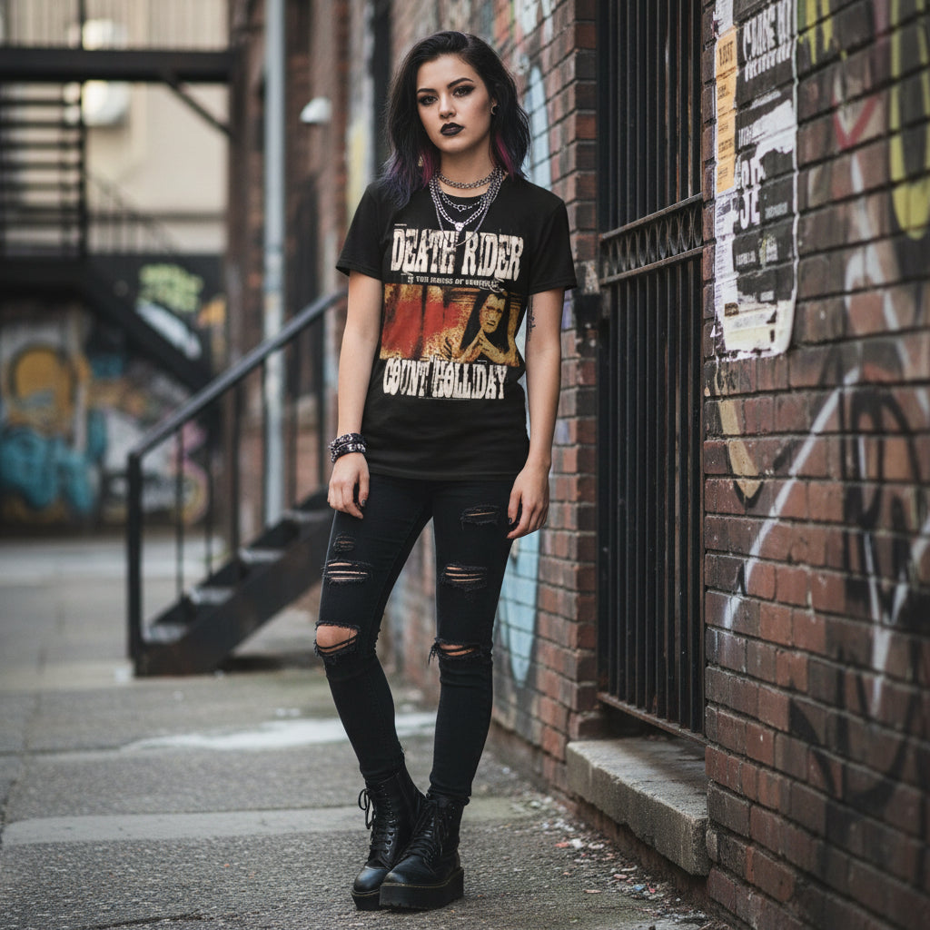 WOMAN WEAREING Black t-shirt with graphic design and text 'Death Rider' and 'Count Holliday'  DRD505S, DRD505M, DRD505L, DRD505XL, DRD505XXL, DRD505XXXL, DRD505XXXXL, DRD505XXXXXL