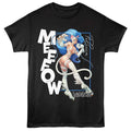 Black Darkstalkers t-shirt with a graphic of a cat-like character and 'MEOW' text on a white background