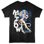 Black Darkstalkers t-shirt with a graphic of a cat-like character and 'MEOW' text on a white background