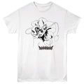 White t-shirt with black and white graphic design of a character and 'Darkstalkers' text on a white background