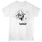 White t-shirt with black and white graphic design of a character and 'Darkstalkers' text on a white background