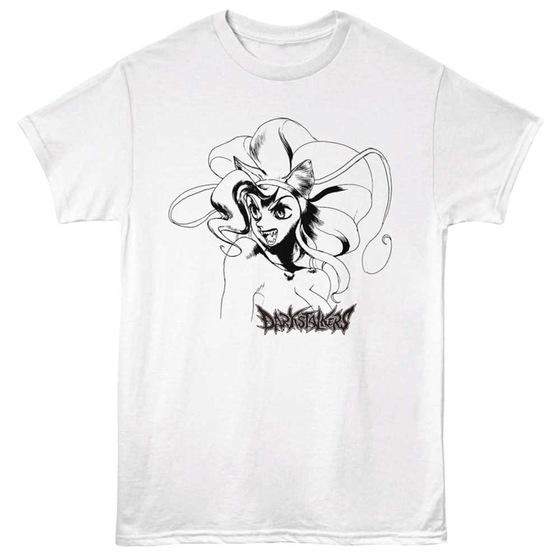 White t-shirt with black and white graphic design of a character and 'Darkstalkers' text on a white background