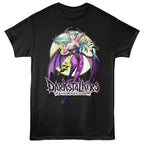 Black t-shirt with a colorful graphic of a character and 'Darkstalker's Resurrection' text on a white background.