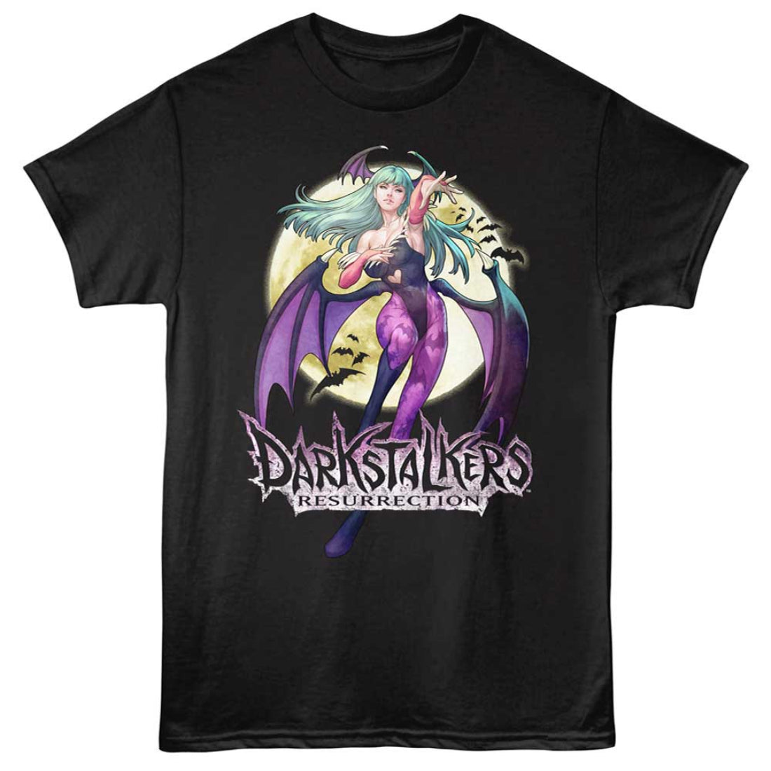 Black t-shirt with a colorful graphic of a character and 'Darkstalker's Resurrection' text on a white background.