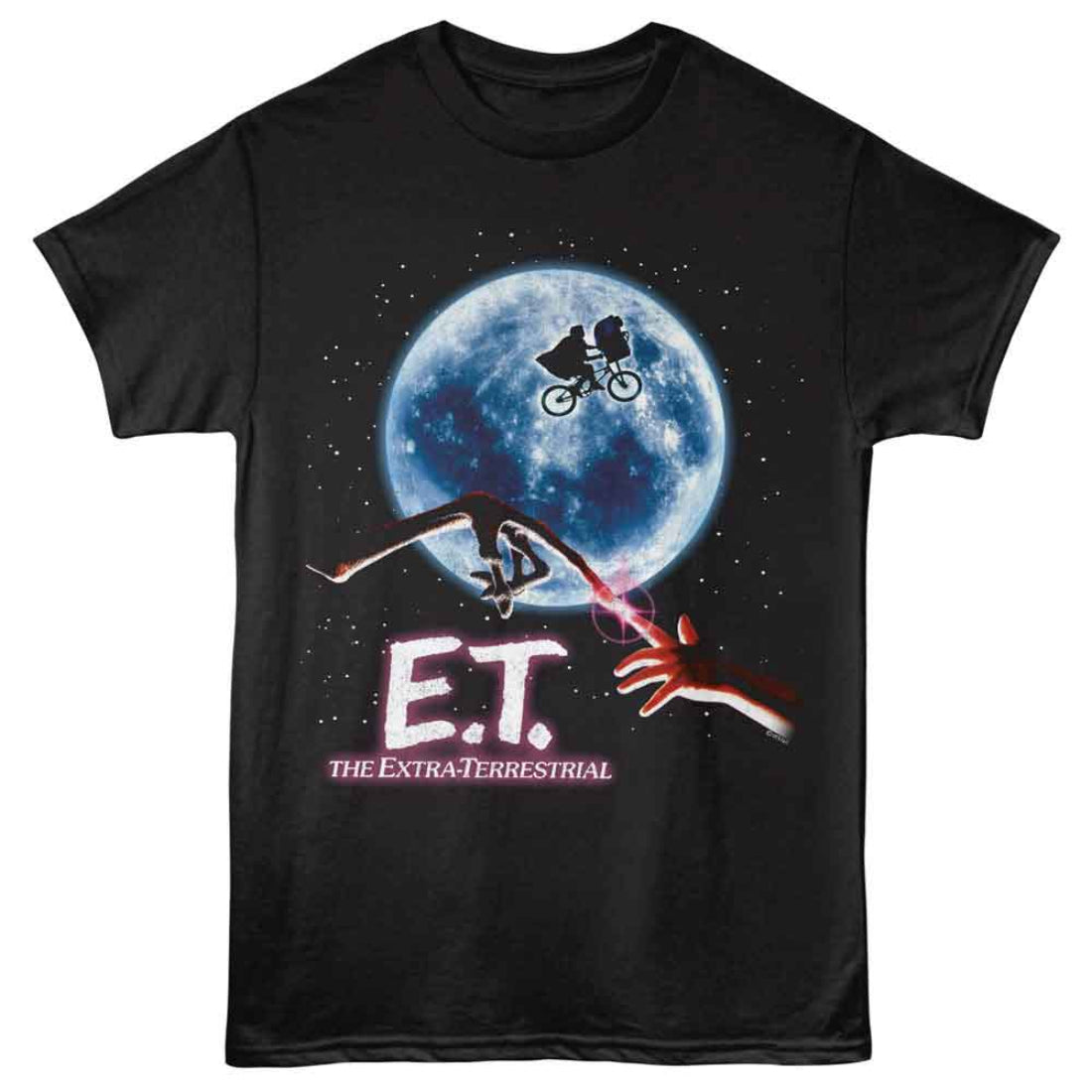 Black t-shirt with E.T. graphic featuring a character reaching out towards E.T. with a moon and spaceship in the background.