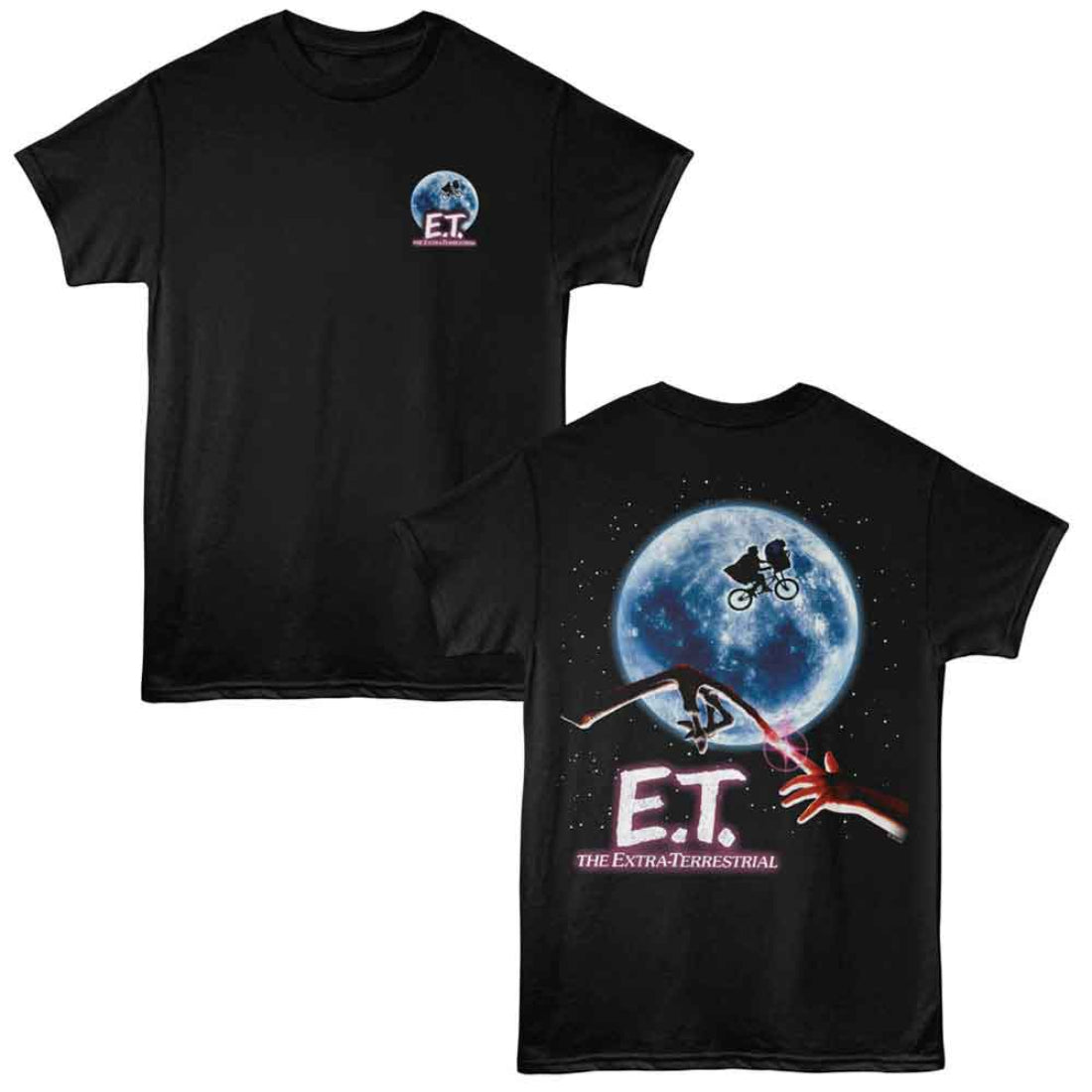 Black t-shirt with 'E.T.' graphic on front and back, featuring a moon and spaceship design.