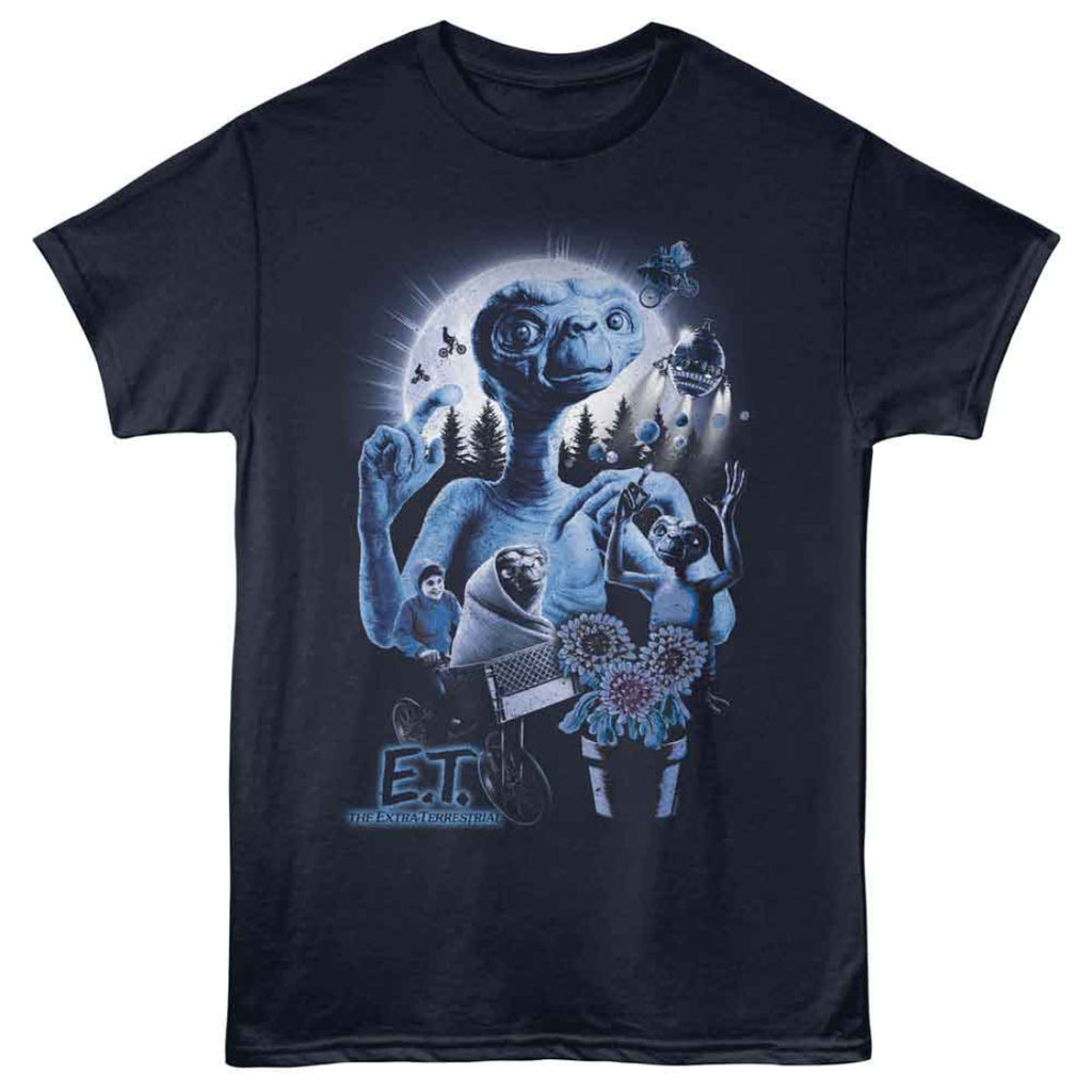 Navy blue t-shirt with E.T. graphic design on a white background