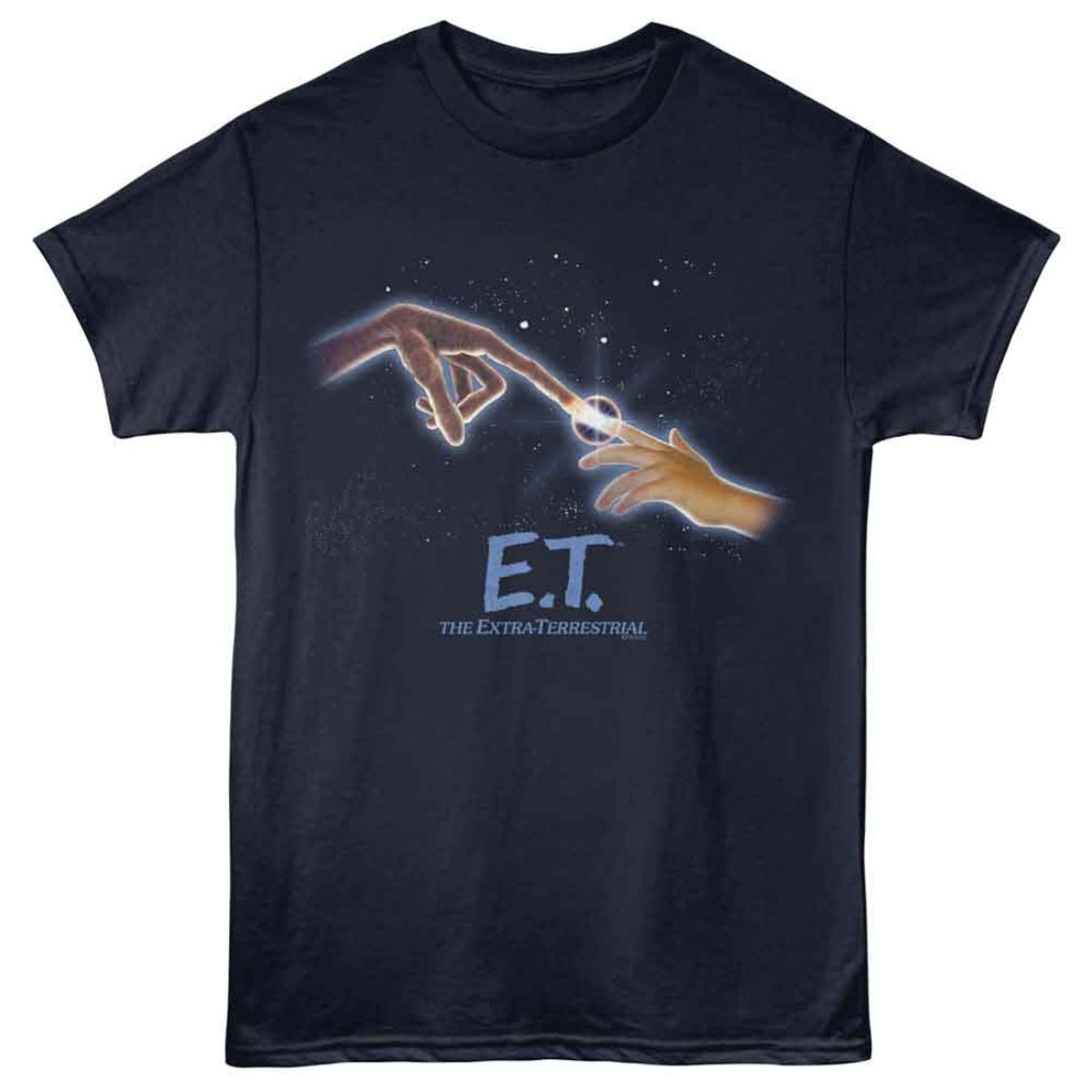 Navy blue t-shirt with 'E.T.' graphic and text on a white background