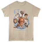 Beige t-shirt with E.T. graphic featuring three children and a dog on a white background