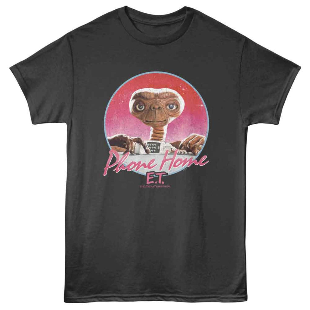 Black t-shirt with E.T. graphic and 'Phone Home' text on a white background