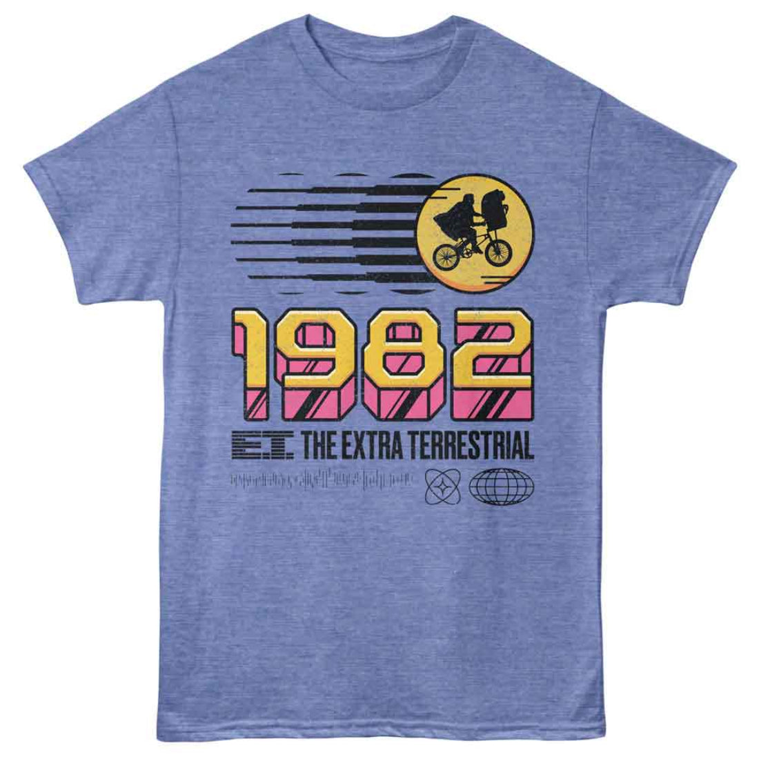 Blue t-shirt with '1982 E.T. The Extra Terrestrial' graphic design on a white background