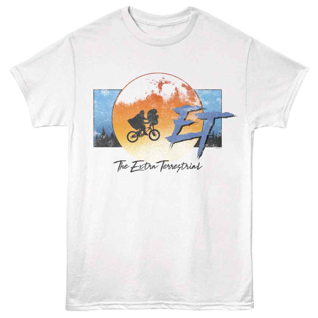 White t-shirt with 'The Extra Terrestrial' graphic design featuring a moon and characters.
