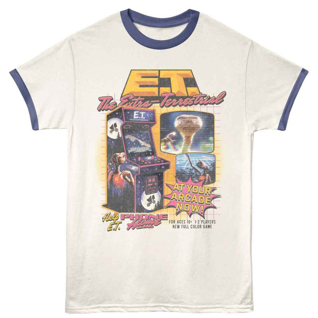 ET T-shirt with vintage arcade game design on a white background