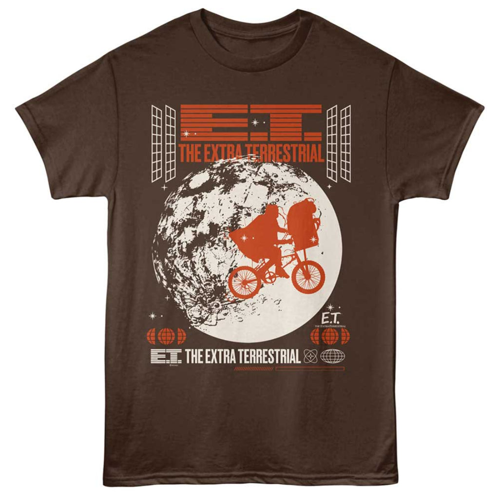 Brown t-shirt with 'E.T. The Extra Terrestrial' graphic design on a white background