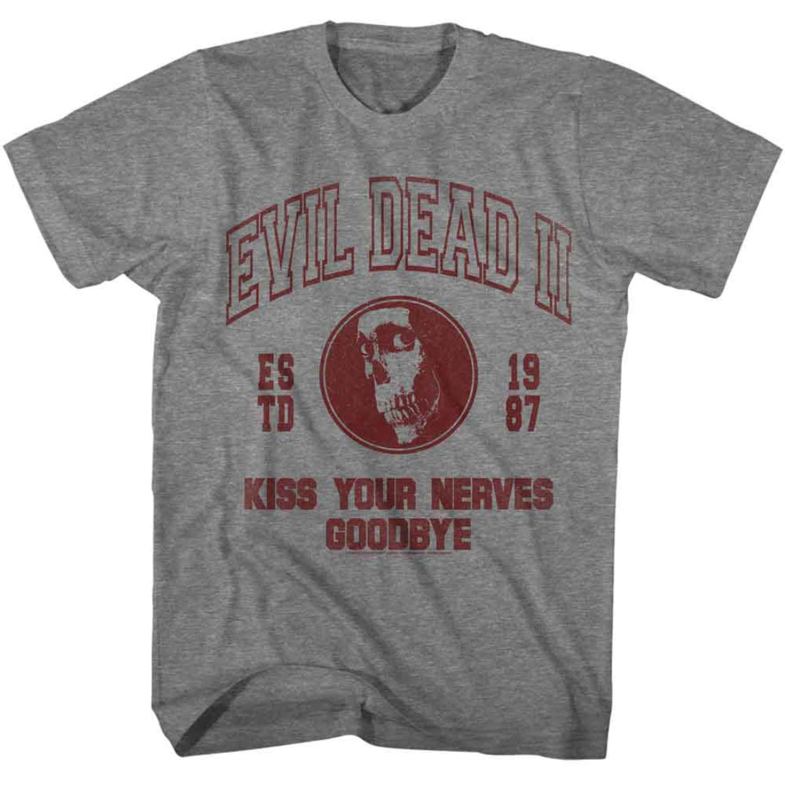 Gray t-shirt with red 'Evil Dead II' text and skull design on a white background