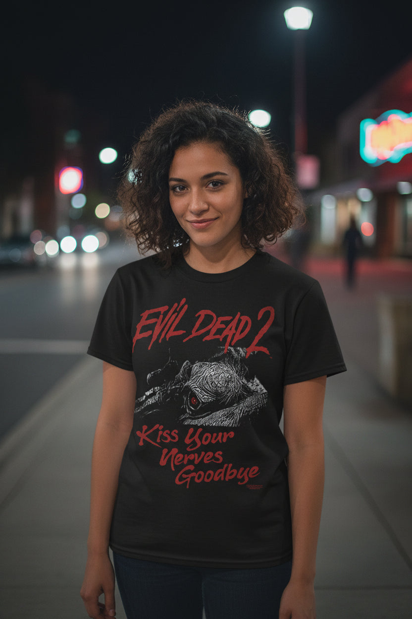 woman wearing Black t-shirt with 'Evil Dead 2' graphic and text EVLD528S, EVLD528M, EVLD528L, EVLD528XL, EVLD528XXL, EVLD528XXXL, EVLD528XXXXL, EVLD528XXXXXL