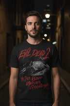 man wearing Black t-shirt with 'Evil Dead 2' graphic and text EVLD528S, EVLD528M, EVLD528L, EVLD528XL, EVLD528XXL, EVLD528XXXL, EVLD528XXXXL, EVLD528XXXXXL
