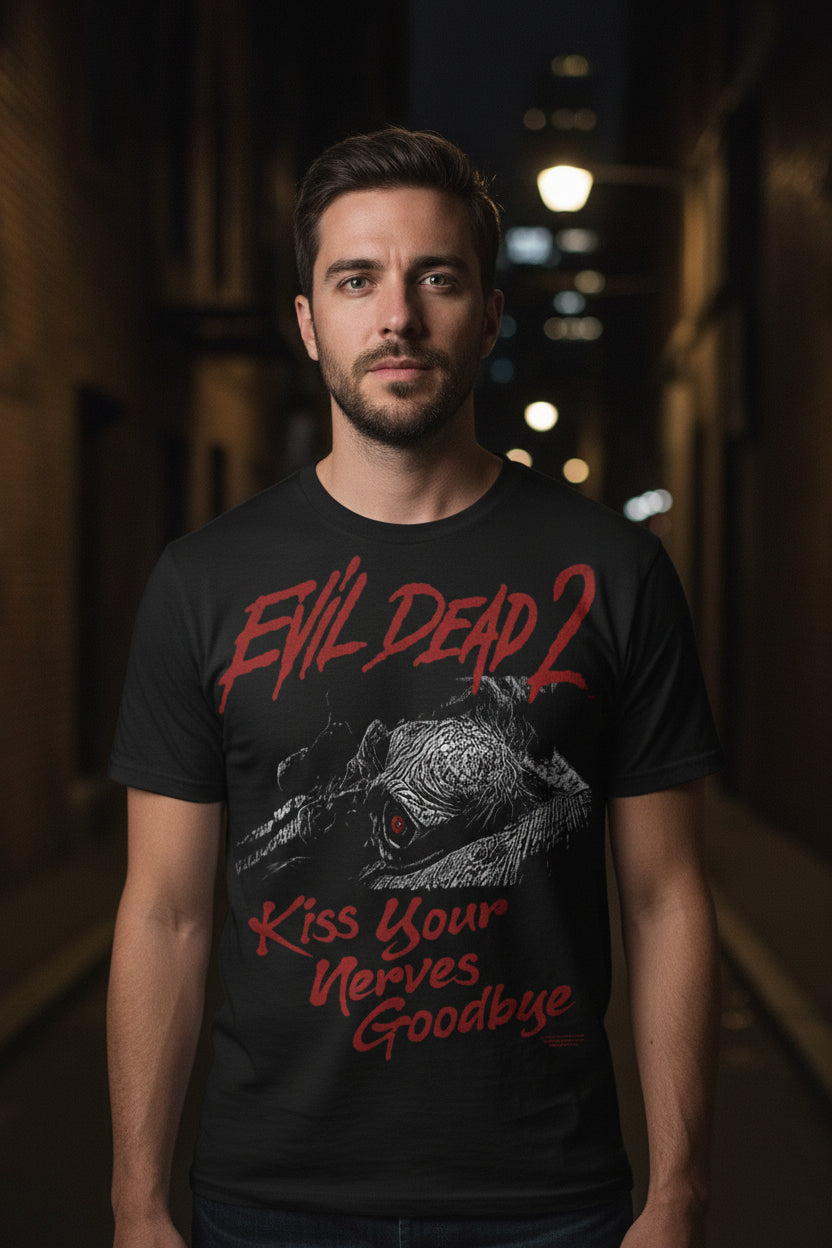 man wearing Black t-shirt with 'Evil Dead 2' graphic and text EVLD528S, EVLD528M, EVLD528L, EVLD528XL, EVLD528XXL, EVLD528XXXL, EVLD528XXXXL, EVLD528XXXXXL