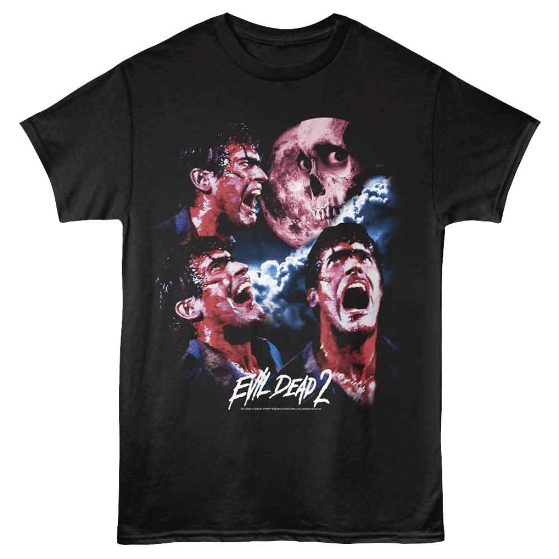 Black t-shirt with 'Evil Dead 2' graphic design featuring faces and a skull on a white background.