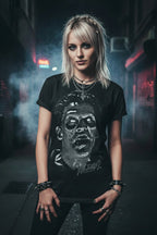 woman wearing Black t-shirt with a graphic of a zombie face and ' Evil Dead 2' text EVLD530S, EVLD530M, EVLD530L, EVLD530XL, EVLD530XXL