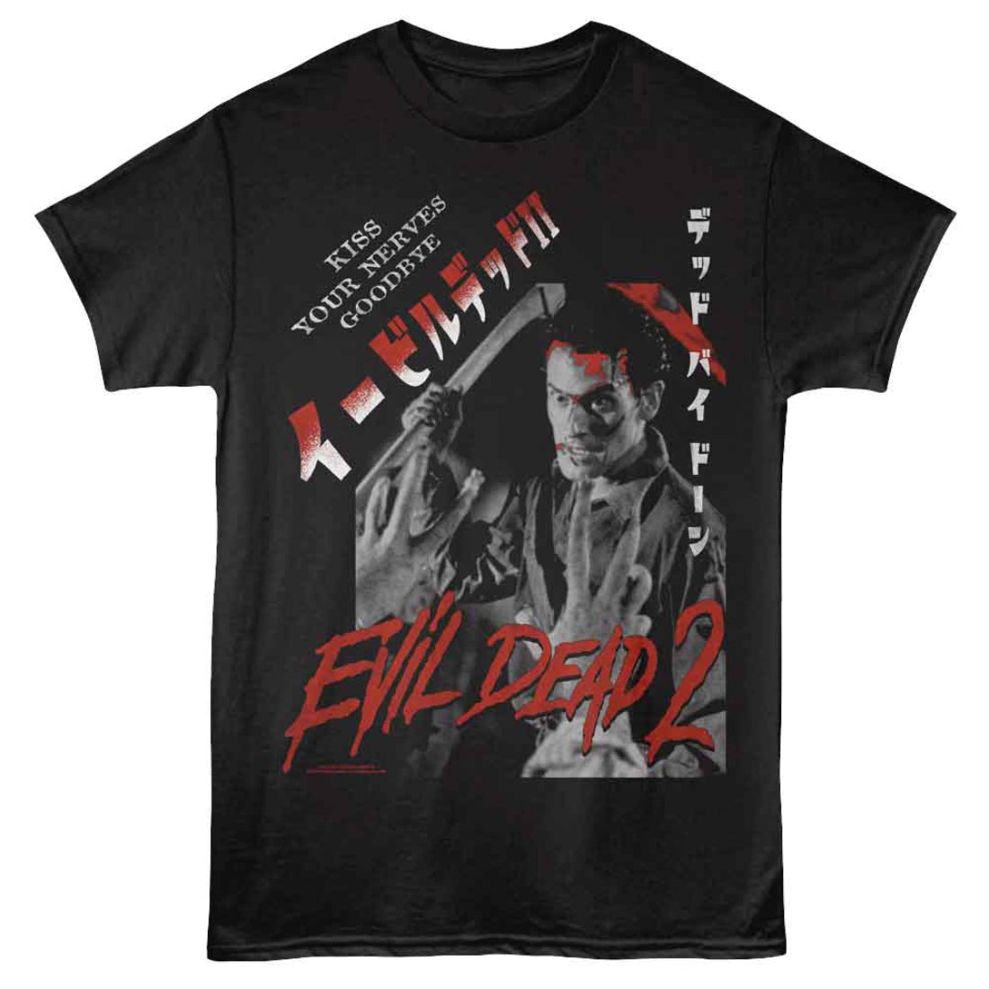 Black t-shirt with 'Evil Dead 2' graphic design featuring a character holding an axe.