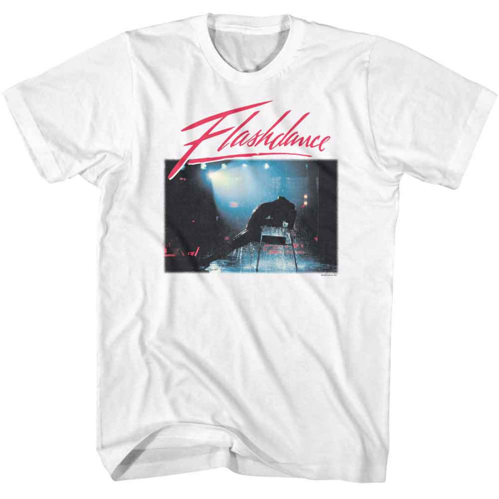 White t-shirt with 'Flashdance' graphic design on a white background