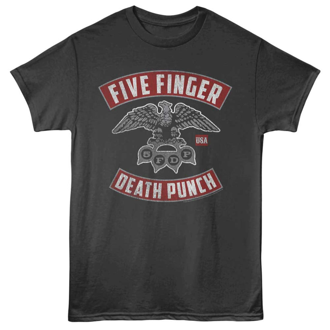 Black t-shirt with Five Finger Death Punch logo on a white background