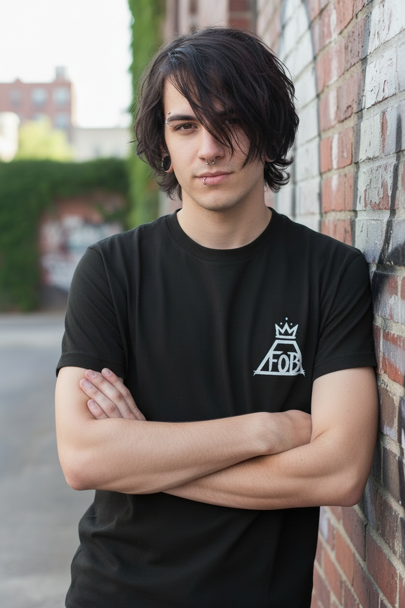 MAN WEARING FALL OUT BOY TEE FOB512S, FOB512M, FOB512L, FOB512XL, FOB512XXL