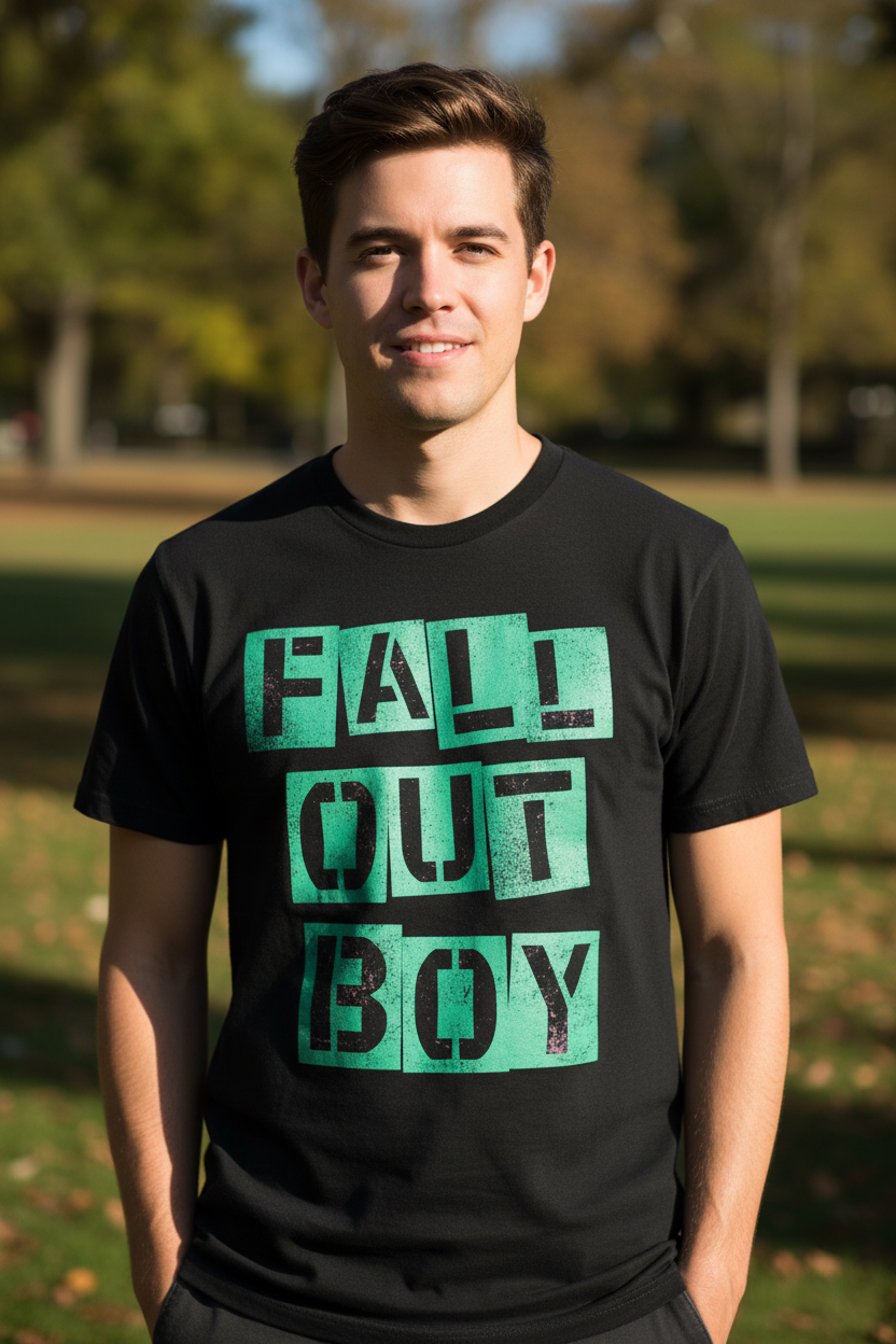 MAN WEARING Black t-shirt with 'Fall Out Boy' text in green FOB519S, FOB519M, FOB519L, FOB519XL, FOB519XXL