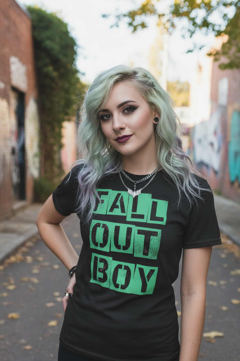 WOMAN WEARING Black t-shirt with 'Fall Out Boy' text in green FOB519S, FOB519M, FOB519L, FOB519XL, FOB519XXL