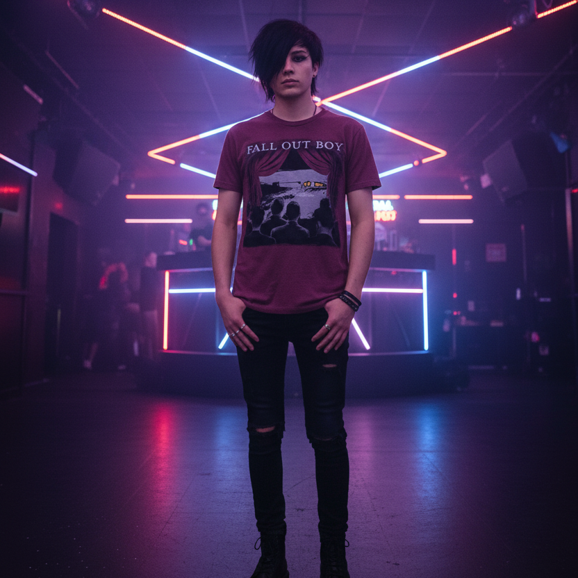 man wearing Maroon t-shirt with 'Fall Out Boy' graphic design FOB525S, FOB525M, FOB525L, FOB525XL, FOB525XXL, FOB525XXXL, FOB525XXXXL, FOB525XXXXXL