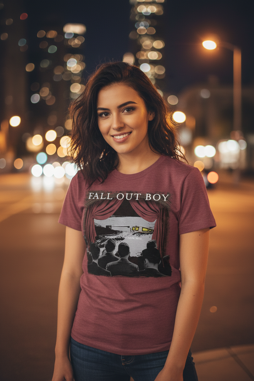 GIRL WEARING Maroon t-shirt with 'Fall Out Boy' graphic designFOB525S, FOB525M, FOB525L, FOB525XL, FOB525XXL, FOB525XXXL, FOB525XXXXL, FOB525XXXXXL