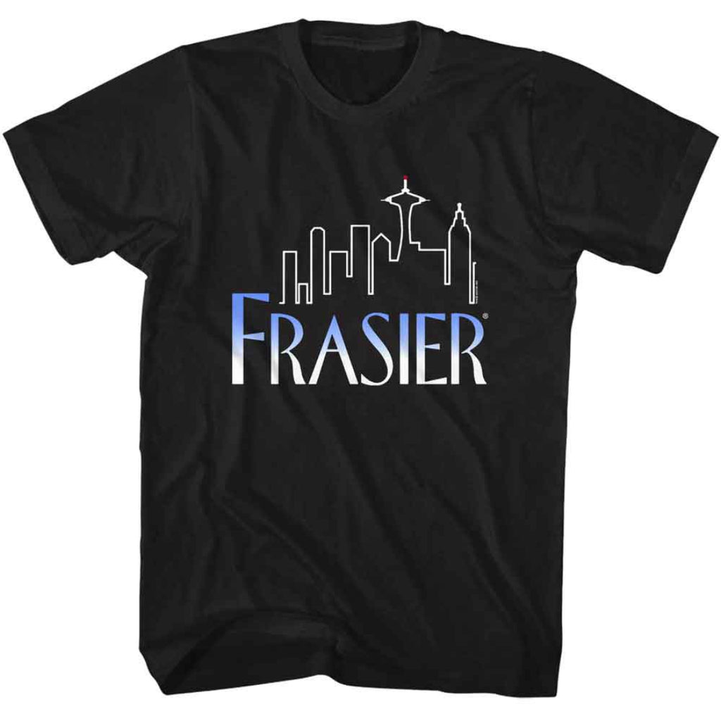 Black t-shirt with 'Frasier' graphic design on a white background