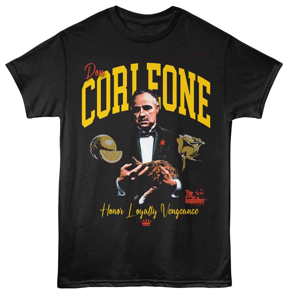 Black Godfather Movie t-shirt with 'Don Corleone' graphic and text on a white background
