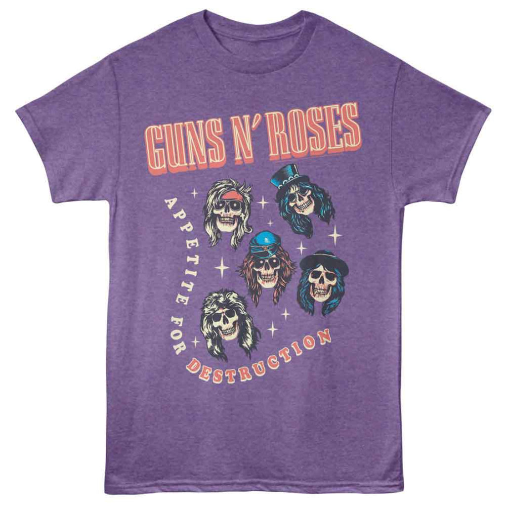 Purple t-shirt with Guns N' Roses graphic design on a white background