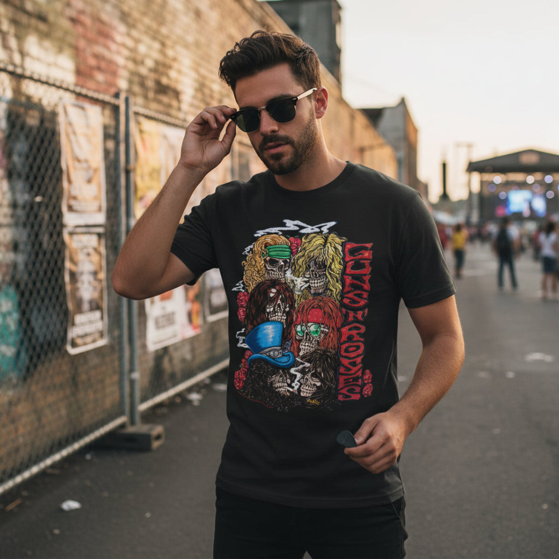 MAN WEARING GUNS N ROSES TEE GNR515S, GNR515M, GNR515L, GNR515XL, GNR515XXL, GNR515XXXL, GNR515XXXXL, GNR515XXXXXL