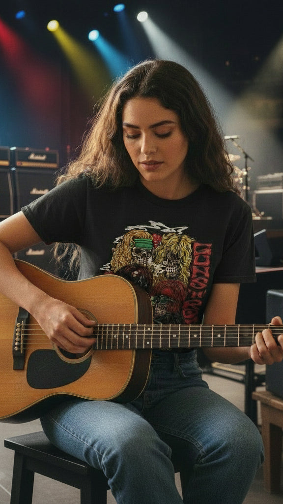 WOMAN WEARING GUNS N ROSES TEE GNR515S, GNR515M, GNR515L, GNR515XL, GNR515XXL, GNR515XXXL, GNR515XXXXL, GNR515XXXXXL